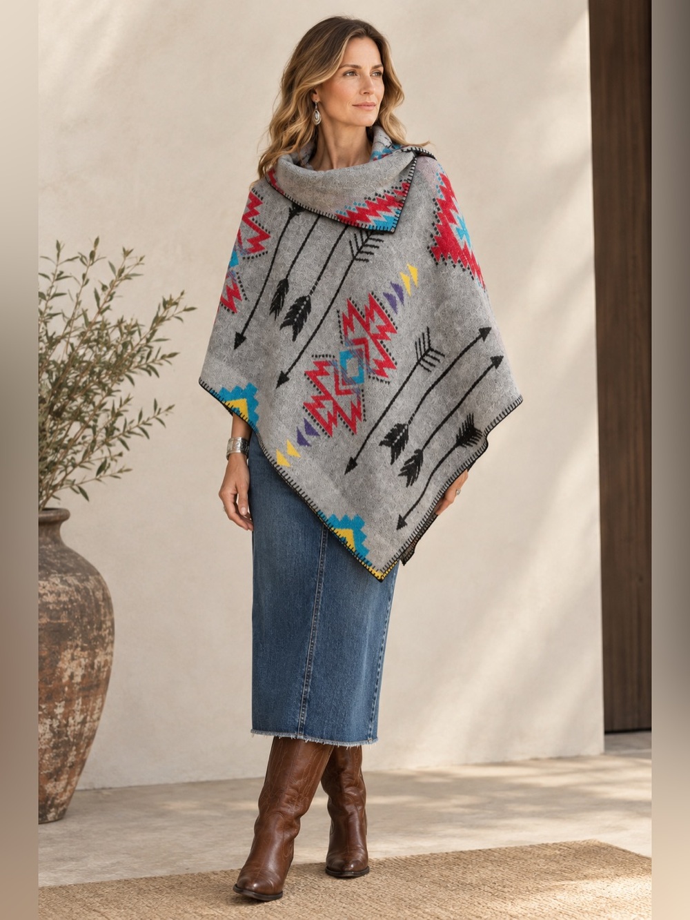 Rhonda Stark Southwestern Button Collar Poncho One Size